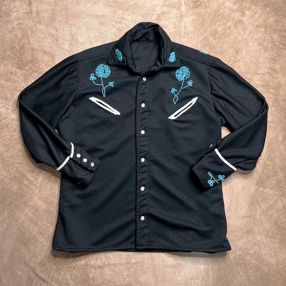 Vintage 70s Floral Embroidered Polyester Western Shirt Black Pearl Snap Cowboy - Picture 1 of 7